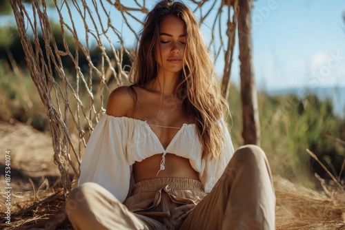 Young woman with long hair wearing off shoulder white blouse and beige pants sitting relaxed in hammock outdoors with natural sunlight and greenery around