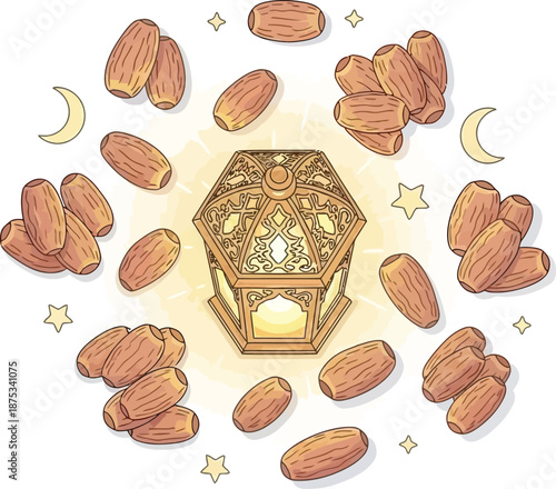 Decorative lantern surrounded by almonds and celestial symbols creating a mystical ambiance