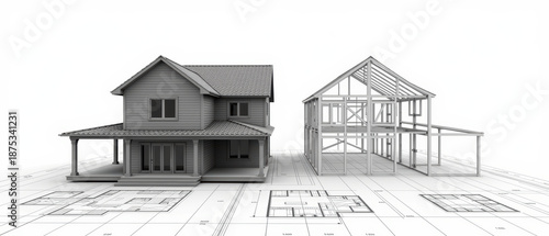 Modern house design architectural blueprint construction exterior residential building framework home layout engineering