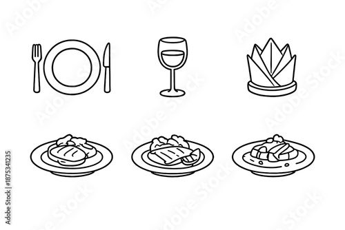 Elegant Table Setting. Dinner tableset in outline vector style plated meal, fork and knife, dinner plate, wine glass, napkin fold, table setting