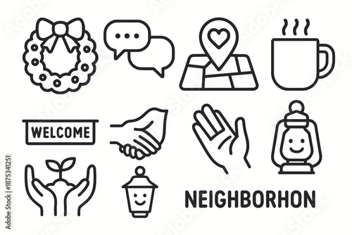 Community Symbol Icons. Neighborhood Bond set in outline vector style: door wreath, chat bubbles, community map pin, warm mug, welcome banner, helping hand, shared garden sprout, friendly lantern