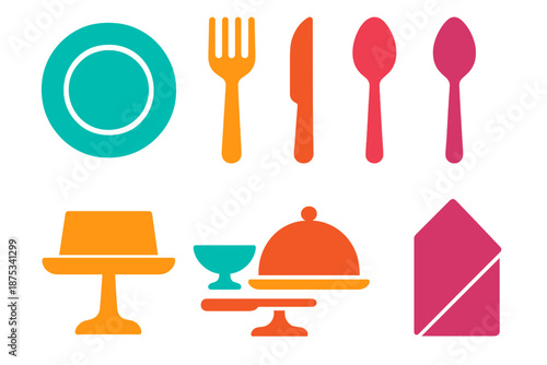 Minimal Serving Icons. Gentle Batch Plating & Serving vector set in modern flat style : plate, fork, knife, spoon, cake stand, dessert dish, serving tray, napkin