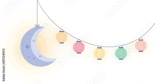 Cute and colorful Moon and lanterns decoration for festive celebrations with pastel tones and