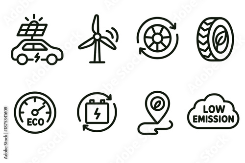 Icons of Sustainable Transport. Sustainable Electric Vehicles set in outline vector style: solar-charged EV, wind energy icon, regenerative braking symbol, eco