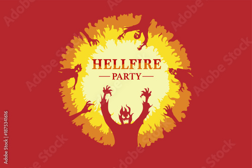 Hellfire circle with featuring demons and hands rising from flames, designed in a bold fantasy and horror style. The underworld, dark supernatural energy, perfect for posters perfect for posters.
