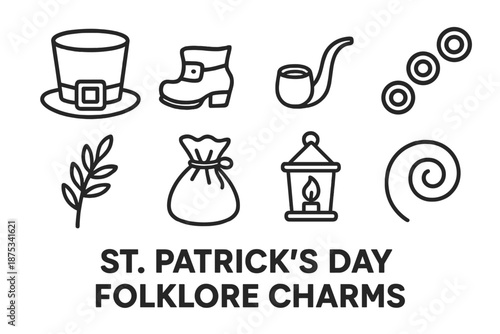 St. Patrick's Charms Icons. St. Patrick’s Day Folklore Charms set in outline vector style: leprechaun hat, tiny boot, pipe icon, trail of gold, forest sprig, charm pouch, guiding lantern, myth swirl