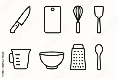 Kitchen Tool Icons. Kitchen Tools set in outline vector style: chef knife, cutting board, whisk, spatula, measuring cup, mixing bowl, grater, wooden spoon