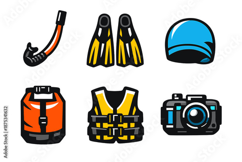Bold Snorkeling Icons. Snorkeling gear icon set in silhouette bold style. Contain snorkel tube, diving fins, swim cap, waterproof bag, life vest, underwater camera