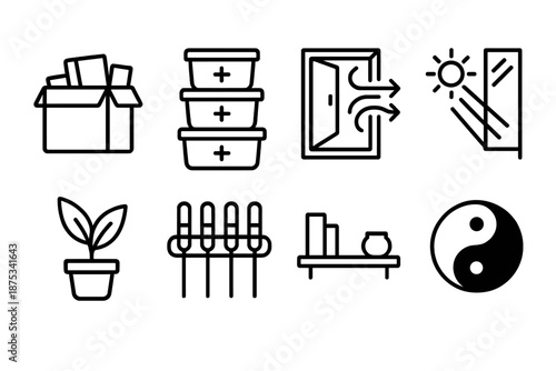 Minimalist Organization Icons. Home & Environment Optimization set in outline vector style: declutter box, labeled containers, airflow window, natural light ray
