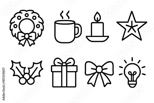 Festive Holiday Icons. Seasonal Joyful Gathering set in outline vector style: festive wreath, warm mug, soft candle, winter star, holly sprig, gift box, cheerful ribbon, comfort glow