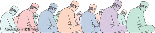 illustration of multiple people performing prayer in a peaceful setting with pastel colors