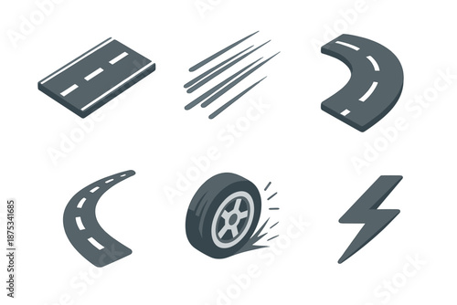 Speed Icons Collection. Highway Run Road Speed set in isometric flat vector : smooth asphalt stripe, fast motion streak, turning route curve, rolling wheel dot, travel arc, speed spark