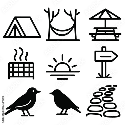 Outdoor Essentials Icons. Outdoor-Centric Living set in outline vector style: campsite icon, hammock silhouette, garden table, forest trail marker, fresh air