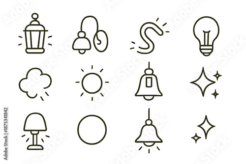 Ambient Lighting Icons. Ambient softlight set set in outline vector style : lantern glow, wall sconce shape, light strip bend, warm bulb, mist puff, gradient orb, glass shade, subtle sparkle