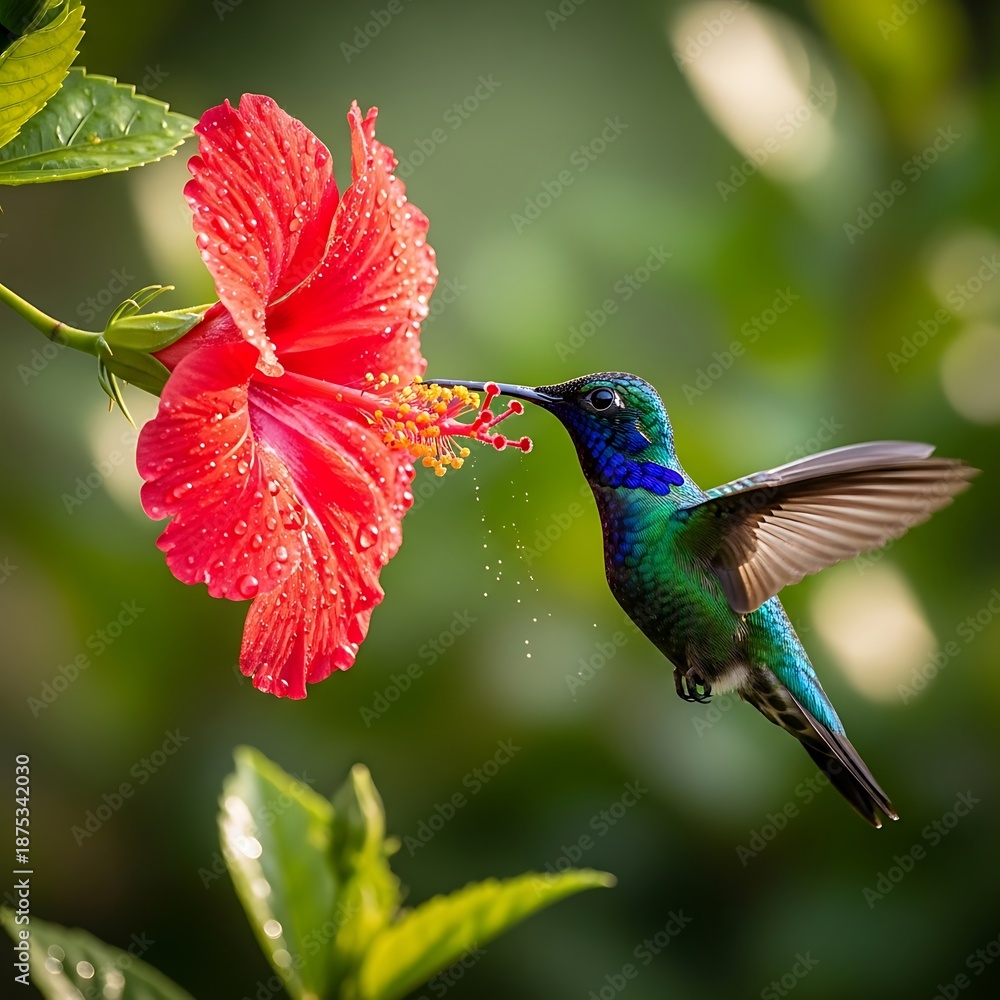Obraz premium Hummingbird feeding on vibrant pink hibiscus flower in lush green garden with sunlight