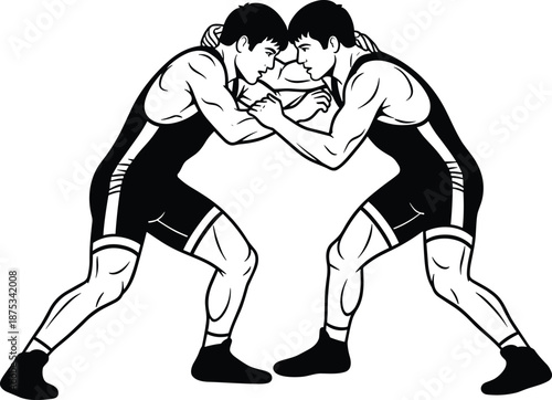 Vector illustration of two male wrestlers fighting in a match, black and white sketch of athletes grappling isolated on a white background.