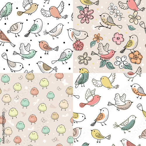 Colorful doodle bird seamless pattern. Collection of flat hand drawn birds. Cute background for textile print