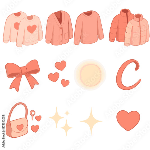 Stylish Romantic Winter Icons. Romantic Wear set in isometric flat vector : heart-print sweaters, cozy cardigan pair, long-sleeve duo, warm jacket set, delicate