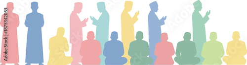 Silhouette of diverse people using mobile devices in colorful overlay style illustrating digital