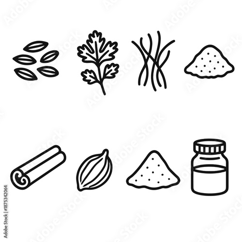 Middle Eastern Spices Icons. Middle Eastern Spice set in outline vector style: cumin seeds, coriander sprig, saffron threads, sumac pinch, cinnamon stick, cardamom pod, turmeric mound, spice jar