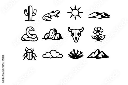 Desert Iconography Compilation. Desert Ecosystemset in outline vector style cactus, lizard, sun, sand dune, snake, rock, flower, skull, beetle, cloud, bush, mountain