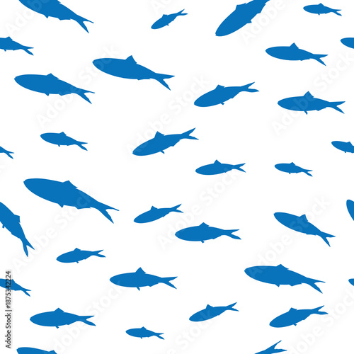 Seamless pattern, background with blue sardines silhouettes. School of fish swimming in group. Marine sealife. Vector illustration.