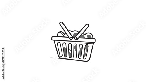 Hand-drawn shopping basket filled with groceries illustration.