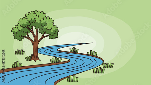 Vector illustration of winding blue river with green tree on bank, cartoon nature landscape flow stream, summer outdoor scenery background design art.