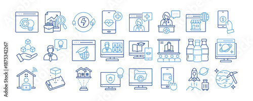 Business Trend icon collection. Containing design, Automation Solutions, Predictive Analytics, Green Energy, Wellness Tech, Telemedicine