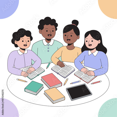 Diverse group of four friendly students gathered around a circular table for a collaborative study session.