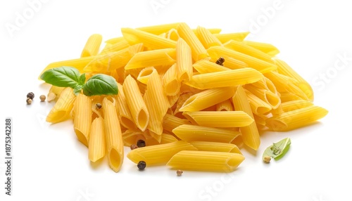Penne Pasta Pile with Basil and Pepper on White Background.
