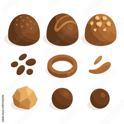 Gourmet Truffle Icons. Truffle Box Gourmet Treats set in isometric flat vector : assorted truffle shapes, cocoa sprinkle speck, smooth glaze curve, soft aroma ring, nutty shard, confection dot