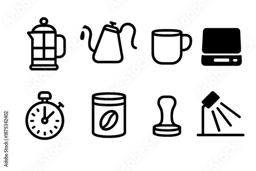 Home Coffee Essentials. Home Coffee Rituals set in outline vector style: French press, kettle pour, ceramic mug, scale icon, brewing timer, coffee canister, tamper tool, counter light beam