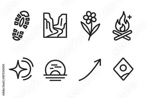 Wilderness Adventure Icons. Wild Wander Spirit set in outline vector style: rugged boot print, canyon line, wildflower, campfire spark, star trail, open horizon, adventurous arc, roaming symbol