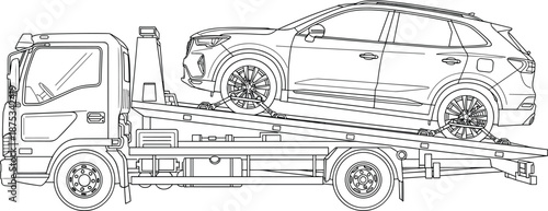Vector illustration set of tow trucks carrying cars, black and white outline sketch of roadside assistance vehicles, isolated on a white background.