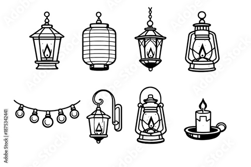 Lantern Icon Collection. Lanternsset in outline vector style lantern with flame, paper lantern, hanging lantern, light glow, oil lamp, string lights, hook, candle