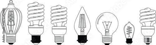 Vector line illustration set of various light bulbs, vintage and modern energy saving lamp icons, isolated on white background, electricity idea concept.
