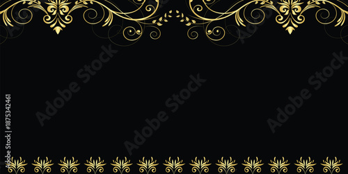 Black background with gold floral border ornamental decorative design antique elegant luxury royal wedding invitation template