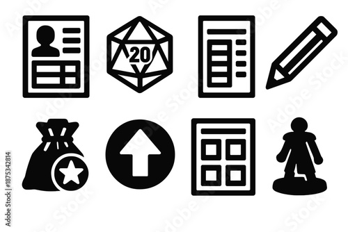 Brutalist Game Icons. Questmode Player Tools icon set in silhouette bold style. Contain character sheet, dice, score pad, pencil, token bag, action marker, reference sheet, miniature stand