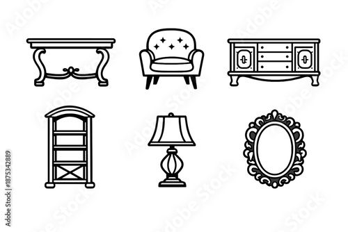 Stylish Furniture Icons. Decorative furnitureset in outline vector style console table, accent chair, sideboard, display shelf, decorative lamp, mirror frame