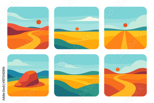 Vibrant Journey Horizon. Horizon Trip Distant Journey vector set in modern flat style : long route curve, wide horizon line, breeze streak, terrain stone, soft sky arc, travel dot