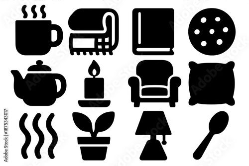 Cozy Tea Icons. Cozy Tea Time icon set in silhouette bold style. Contain mug, blanket, book, cookie, teapot, candle, chair, pillow, steam, plant, lamp, spoon