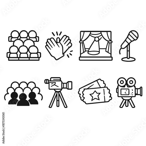 Theater Icons. Audienceset in outline vector style theater seats, clapping hands, spotlight, stage, microphone, crowd silhouette, camera, ticket