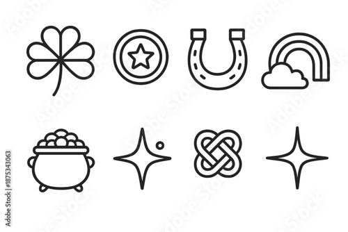 Good Fortune Icons. St. Patrick’s Day Good Fortune Themes set in outline vector style: four-leaf clover, lucky coin, horseshoe, rainbow arc, pot of gold, fortune spark, charm knot, bright star