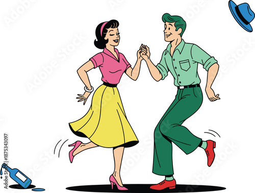 Vintage 1950s retro dance illustration, happy young couple dancing rock and roll in mid century fashion, classic rockabilly aesthetic, colorful cartoon character,