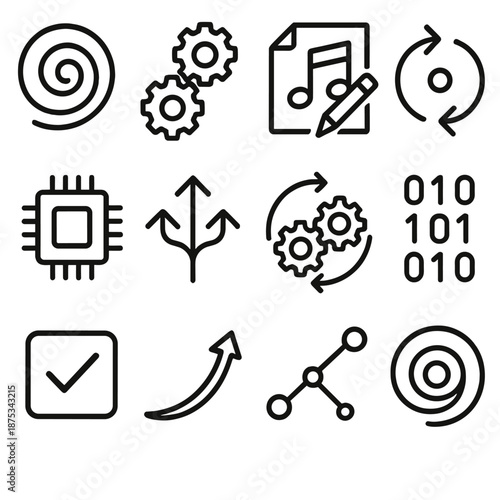 Innovative Idea Icons. Inventive Thinking set in outline vector style: swirling thought, layered gears, note sketch, pivot arrow, microchip glow, branching path