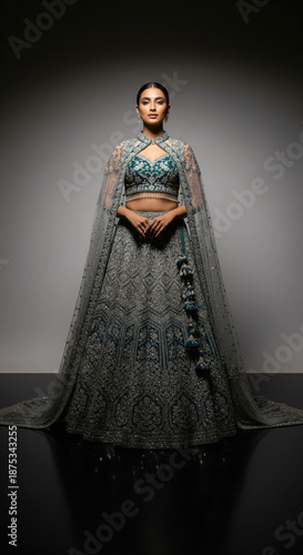 young indian woman wearing traditional jewelery standing on isolated background