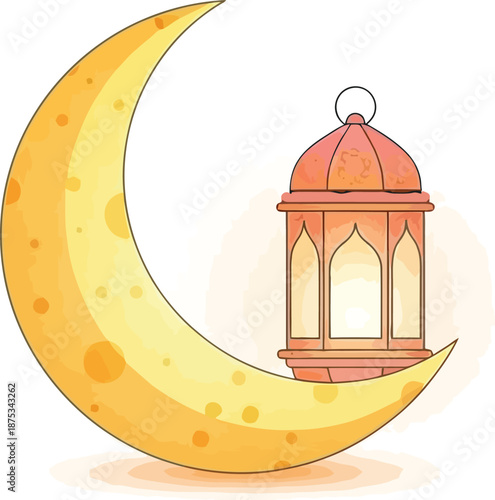 Whimsical illustration of a crescent moon and traditional lantern blending in a charming design
