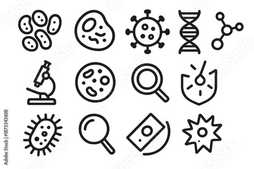 Microbial Icons Collection. Microbial World set in outline vector style: microorganism cluster, cell icon, virus outline, DNA spiral, microscope silhouette,