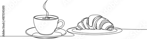 continuous line drawing of cup of coffee and croissant on plate, breakfast line art vector illustration